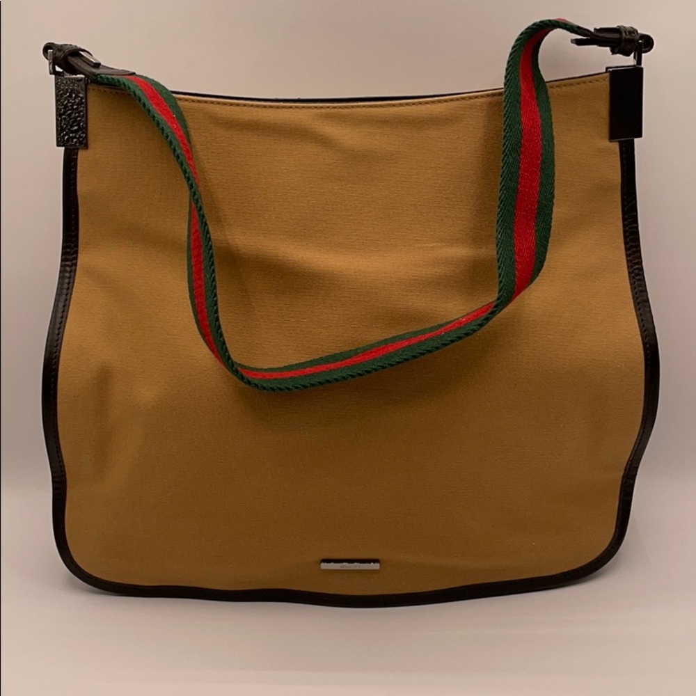Authentic Gucci Tan Web Canvas Shoulder Bag